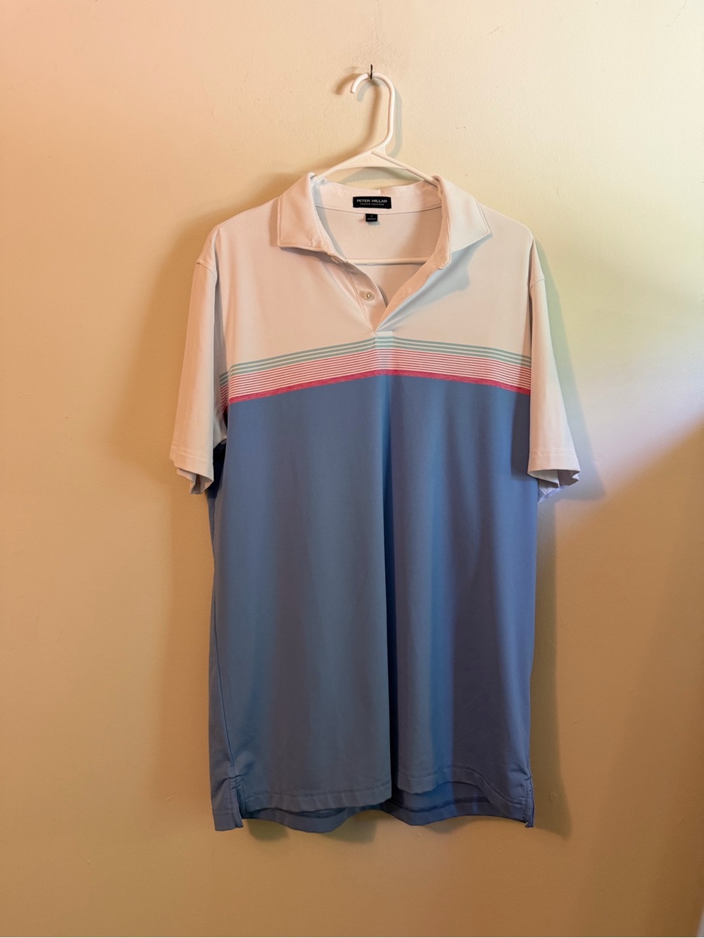 Peter Millar White and Light Blue Polo with Pink Accent Stripes